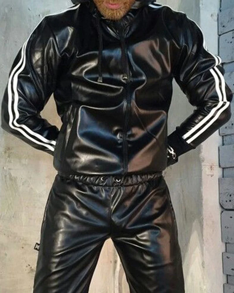 

Men's PU Leather Gloss Wetlook Jacke Jacket Hoodie Jogging Suit Sportswear