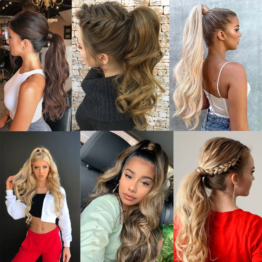 NICESY Synthetic Brown Long Wavy Ponytail Extension Hair Wrap Around Pony 22Inch 100g For White/Black Women