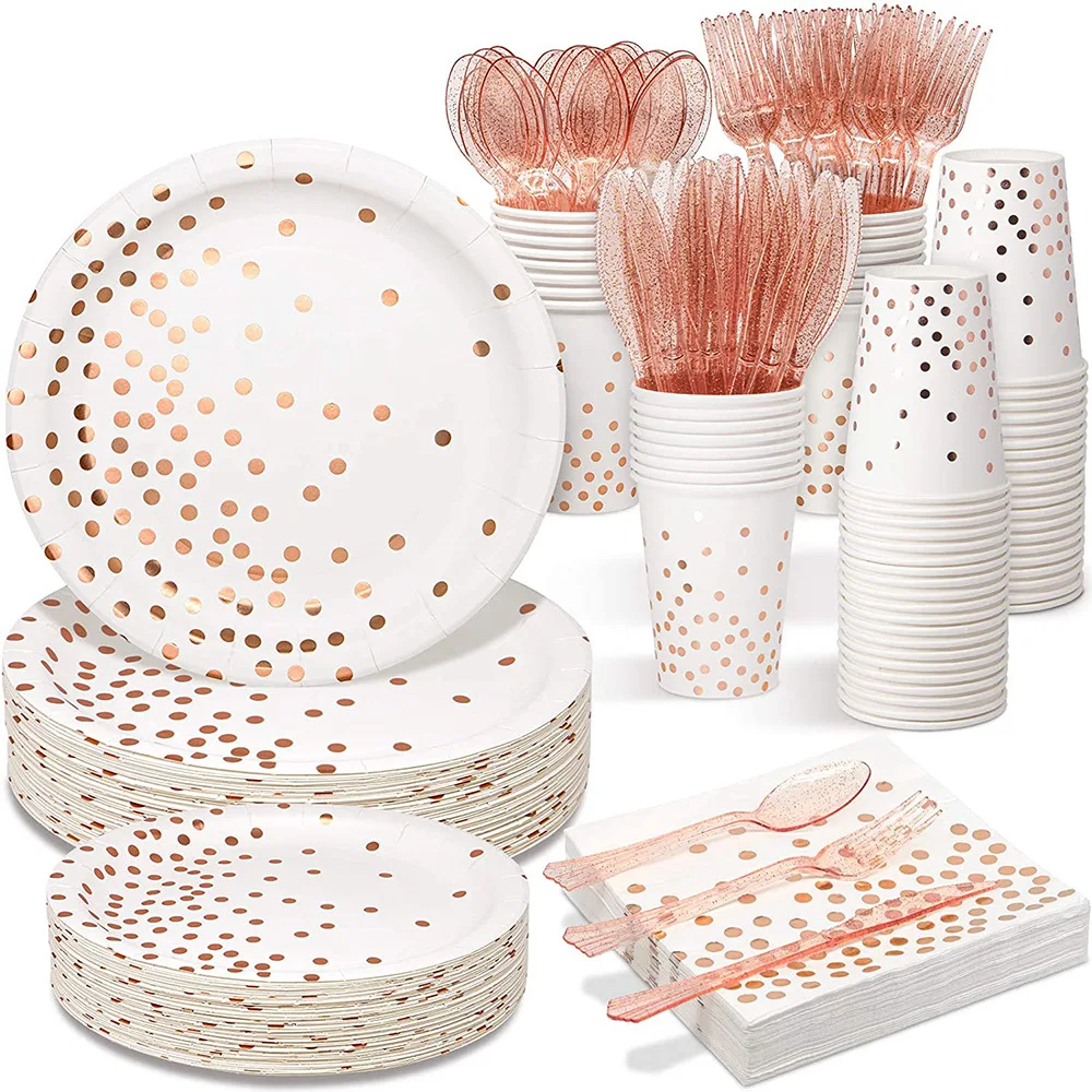 

White rose gold polka dot paper cup paper 7/9 inch plate tablecloth paper towel straw disposable tableware set party supplies