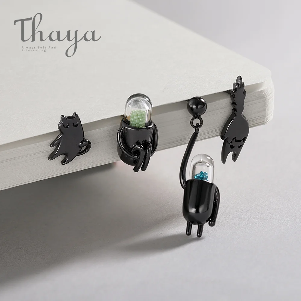 Thaya забавный кот и таблетки 925 пробы серебряные серьги-гвоздики с мультяшными животными ювелирные изделия для женщин черное покрытие животное милый Кот уникальный