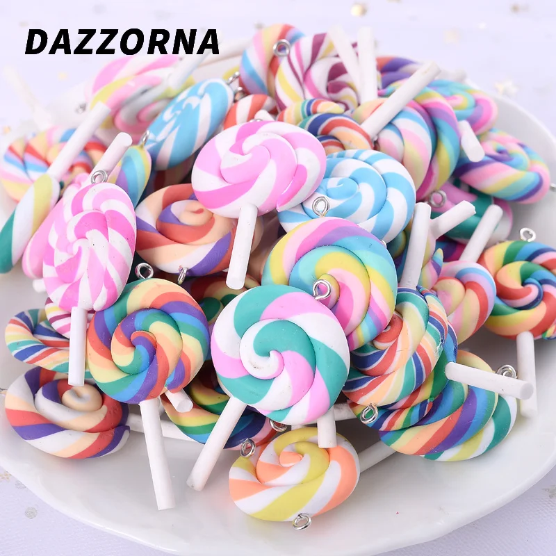 5Pcs/Lot Cute Candy Color Marshmallow Lollipop Shaped Soft Pottery Polymer Clay Pendant for Diy Jewelry Crafts Making Accessory