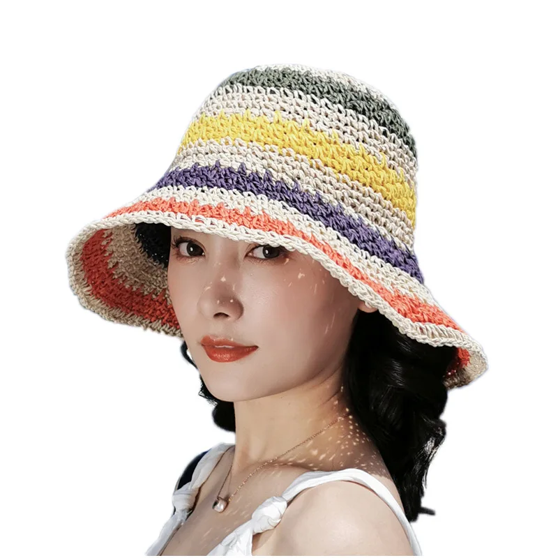 

Women Beach Sun Hats Chapeau Summer Women's Bucket Straw Hat Colorful Striped Foldable
