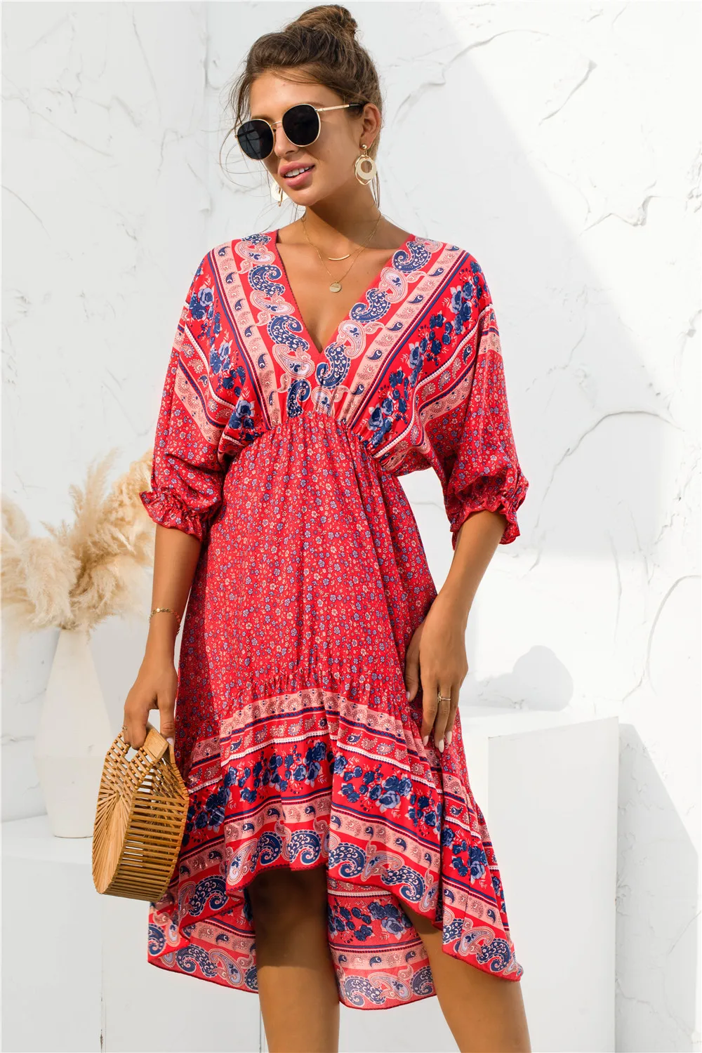 

2021 summer positioning flower V-neck halter irregular dress