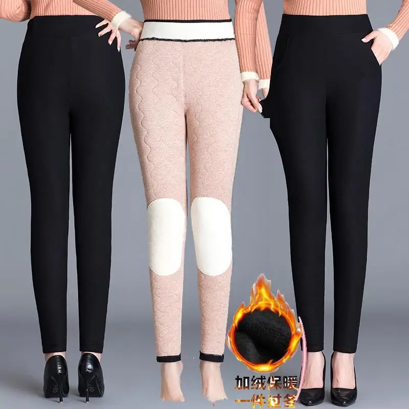 

2021 Women Autumn Winter New Middle Age Velvet Leggings Female Mom High Waist Thick Pants Ladies Print Flower Trousers Y858