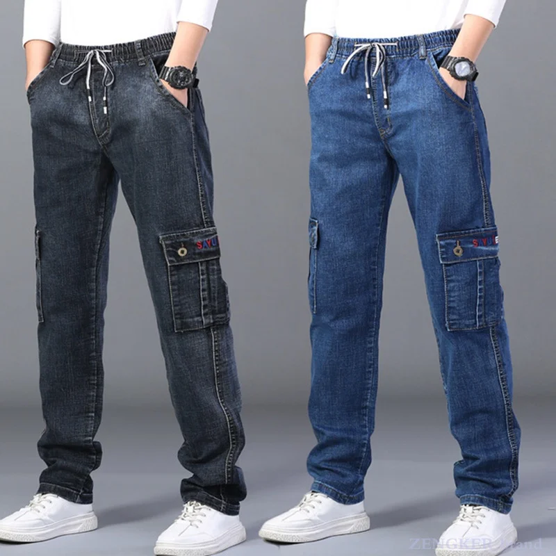 

Super loose elastic jeans men's high waist straight tube oversized pants elastic waist leisure deep crotch plus obesity 150kg