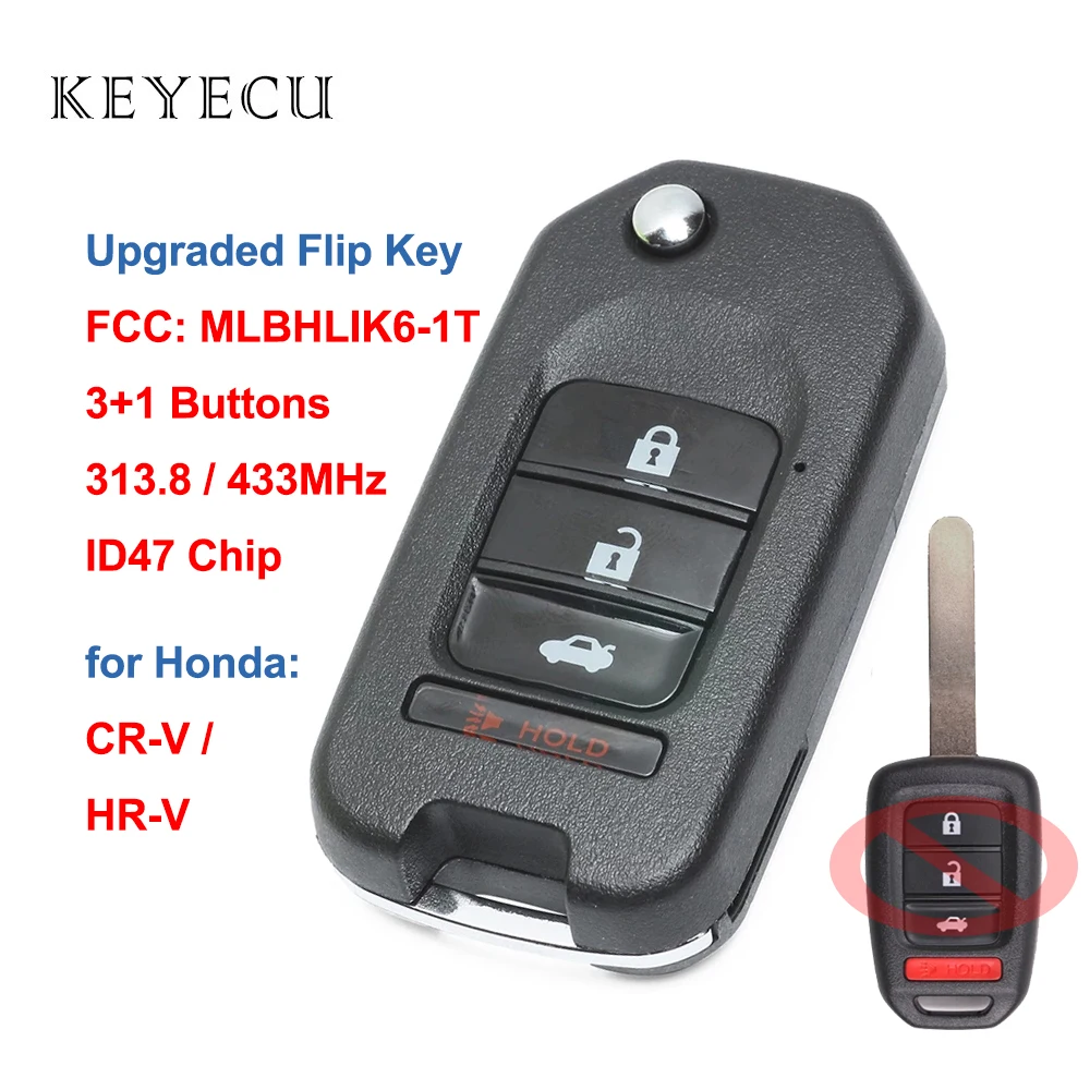 

Keyecu Upgraded Flip Remote Car Key Fob 3 Buttons 313.8Mhz 433MHz ID47 Chip for Honda Fit Civic XRV HRV CRV FCC: MLBHLIK6-1T