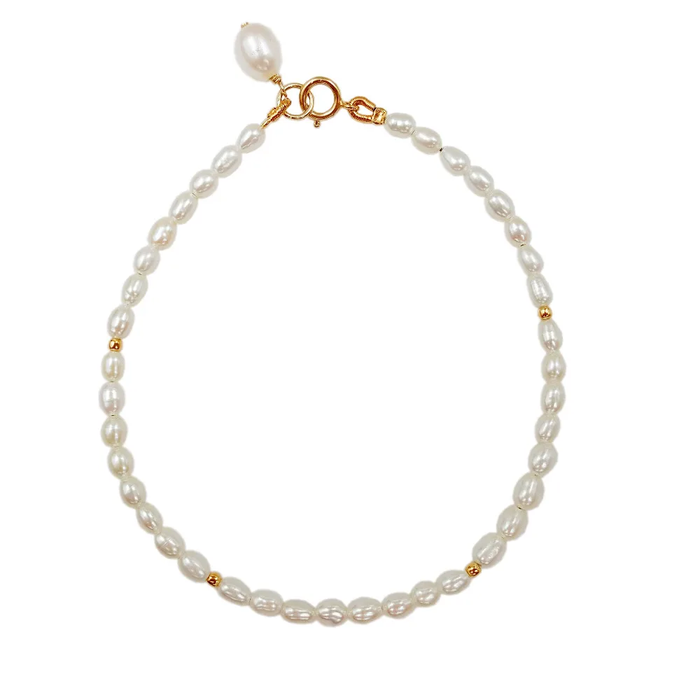 

AA+ White Rice Shape Pearl Approx 2-3mm 925 Sterling silver Gold Color Bracelet
