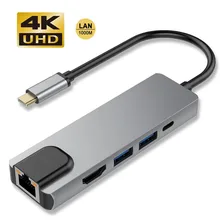 USB C концентратор 4K для Gigabit Ethernet Rj45 Lan 5 в 1 Type Hdmi совместим с Mac book Pro