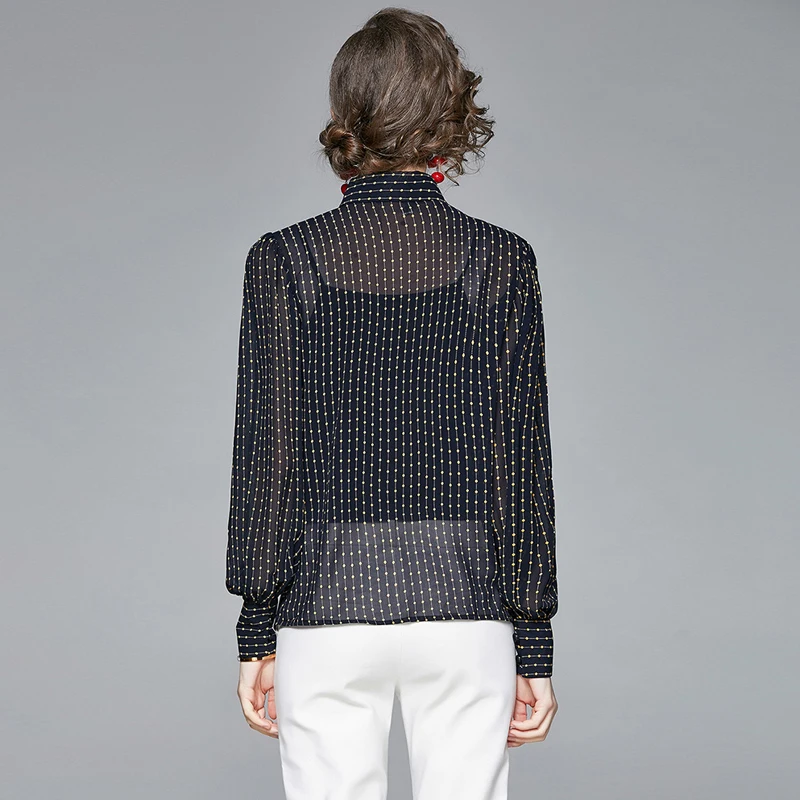 

Women Spring Fashion Dot Striped Blouse Shirt Female Black Elegant Single Breasted Office Work Chiffon Chemise Lady Tops Blouses