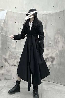 Черное женское длинное асимметричное платье с галстуком длинным рукавом в стиле