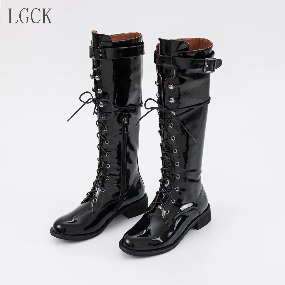 Женские сапоги до колена на застежке молнии из лакированной кожи размеры 34