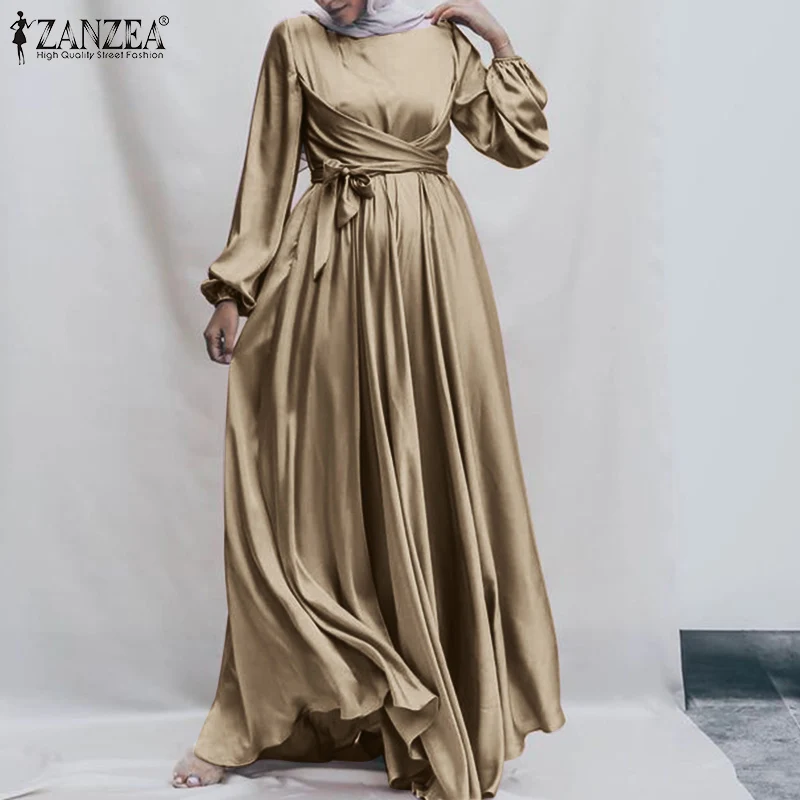 Платье ZANZEA женское атласное с длинным рукавом, элегантное модное однотонное Макси-платье в мусульманском стиле, повседневный свободный каф...