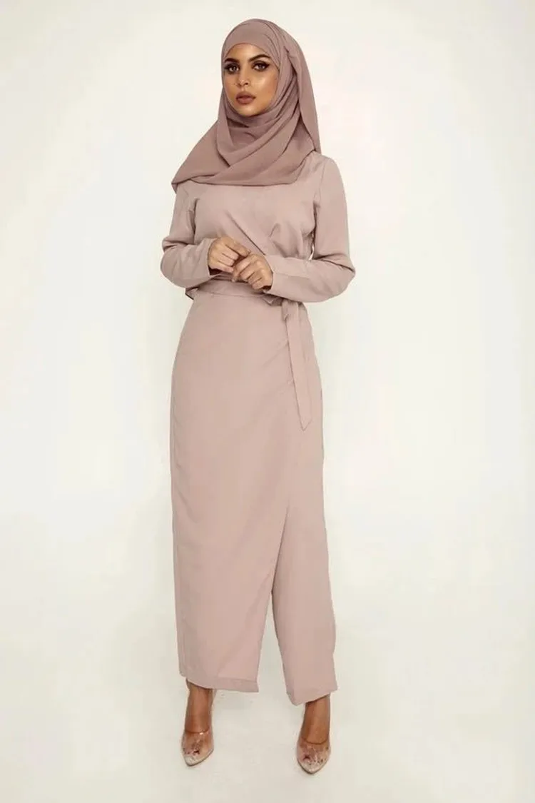 Eid Mubarak однотонные 2 штуки для женщин мусульманский Туника комбинезон арабское Элегантное Длинное платье Комбинезоны турецкие модные компл...