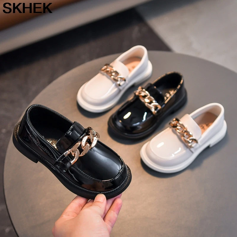 

Spring Autumn Kids Leather Shoes Black Loafers Boys Chain Slip on Shoes Girls Casual Shoes Sneakers White Boat Shoe For Children