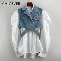 chicever elegant two piece set for women lapel long sleeve white shirt cross hollow out denim coat casual sets female 2022 style