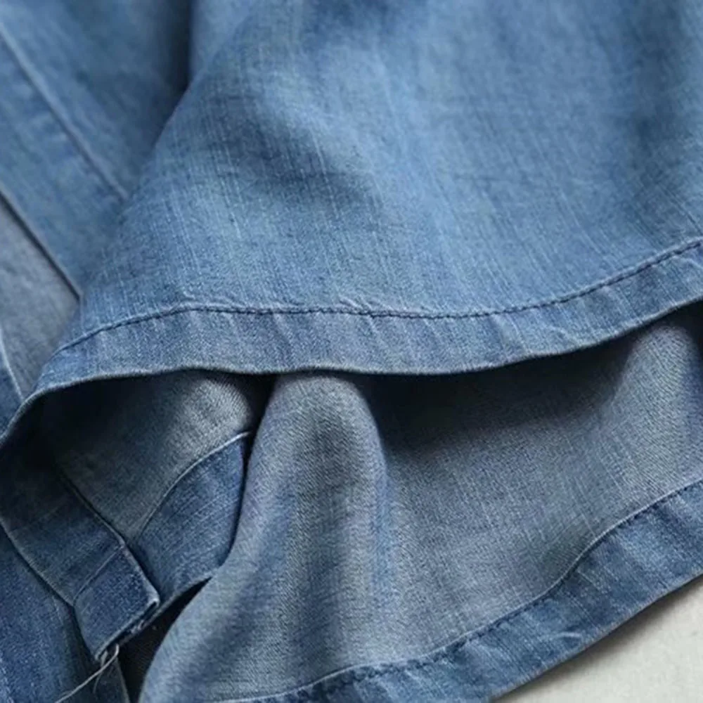 

Women Denim Blue Dress Summer Plain Casual Pockets Single-Breasted Denim Dress Leisure Lace-Up Ladies Office Dress Simple