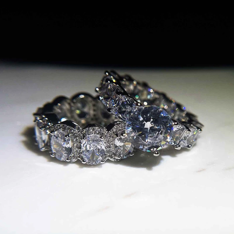 

925 Silver Fashion Moissanite Ring Set Luxury Inlay Full Shiny Zircon Exquisite Round Jewelry For Women Wedding Statement Gift