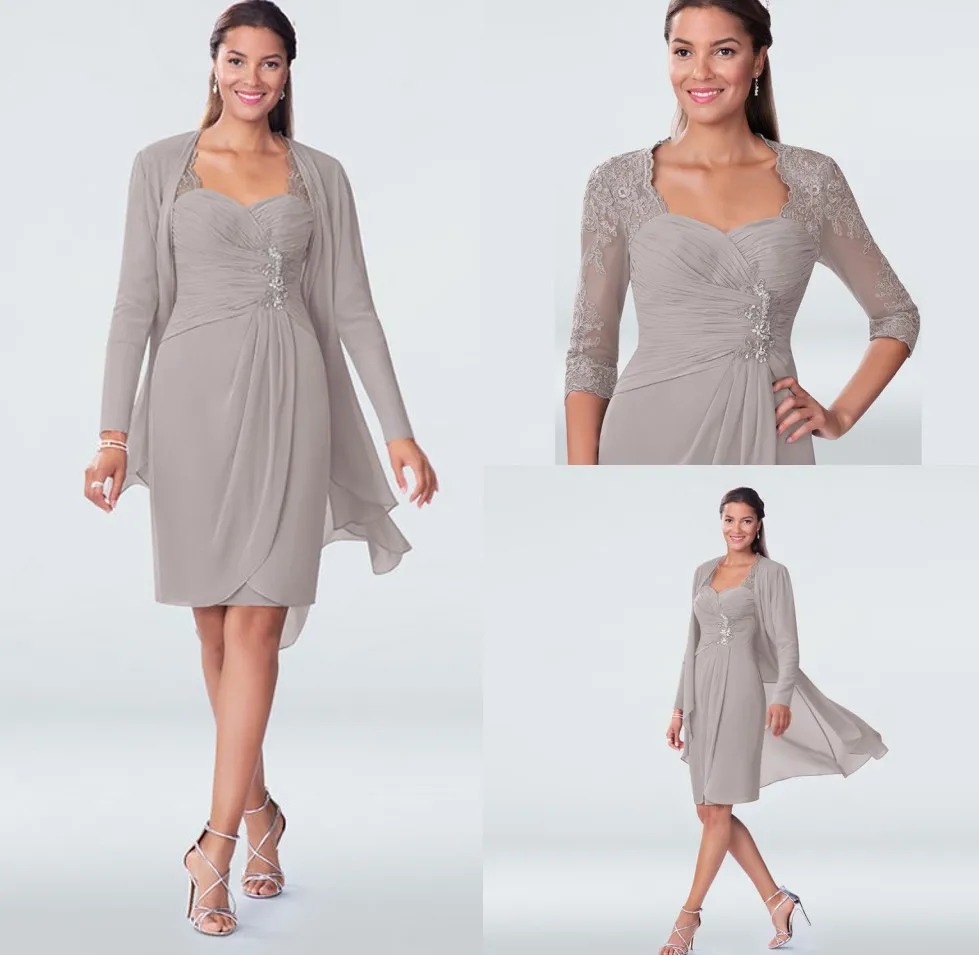 

Silver Two Pieces Chiffon Lace Appliques Mother of the Bride Dresses With Jacket Wedding Party Gowns Knee Length Plus Size