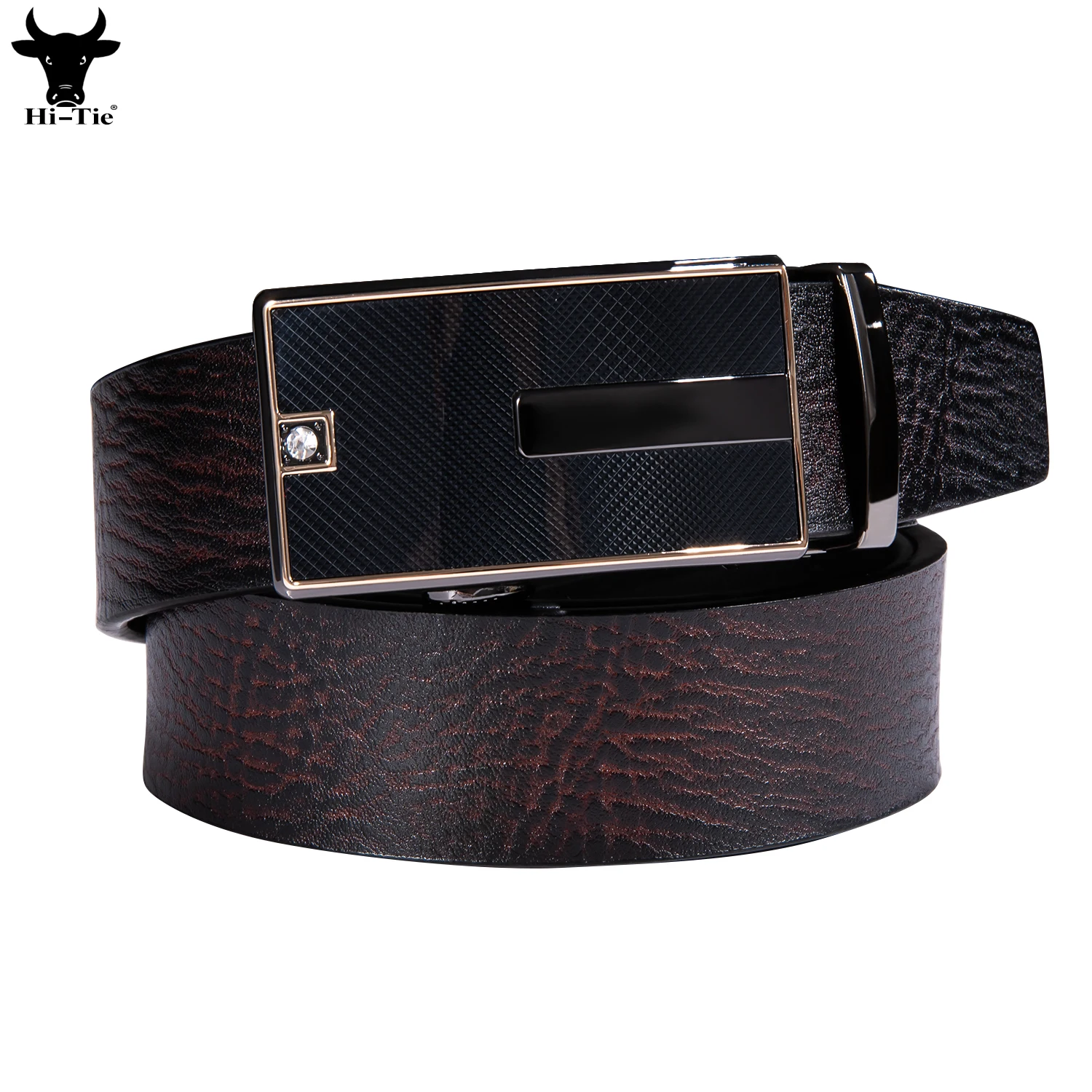 Luxury Black Gold Diamond Automatic Buckles Mens Belts Dark Brown Coffee Genuine Leather Ratchet Waistband for Men Dress Jeans