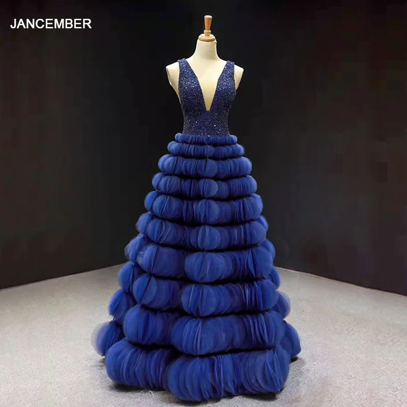 Женское вечернее платье без рукавов J66931 темно синее с v образным вырезом и для