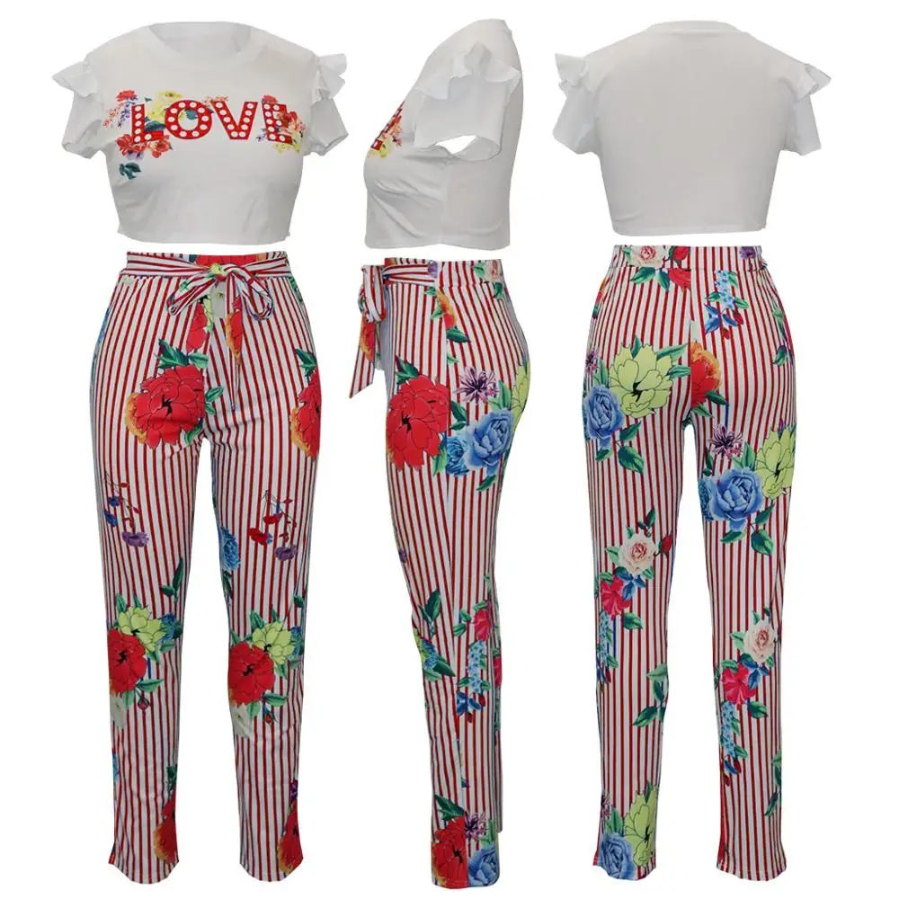 

European and American fashion printing letters leisure two piece slim o-neck short sleeve T-shirt and striped pants women's suit
