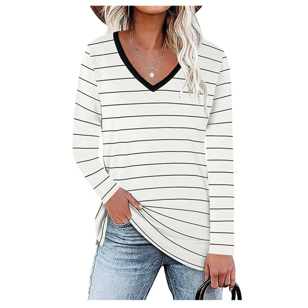 

2021 Autumn Women's Long Sleeve Loose Striped Contrast Color T-Shirt Ladies V-Neck Side Slit Casual Pullover T-Shirt