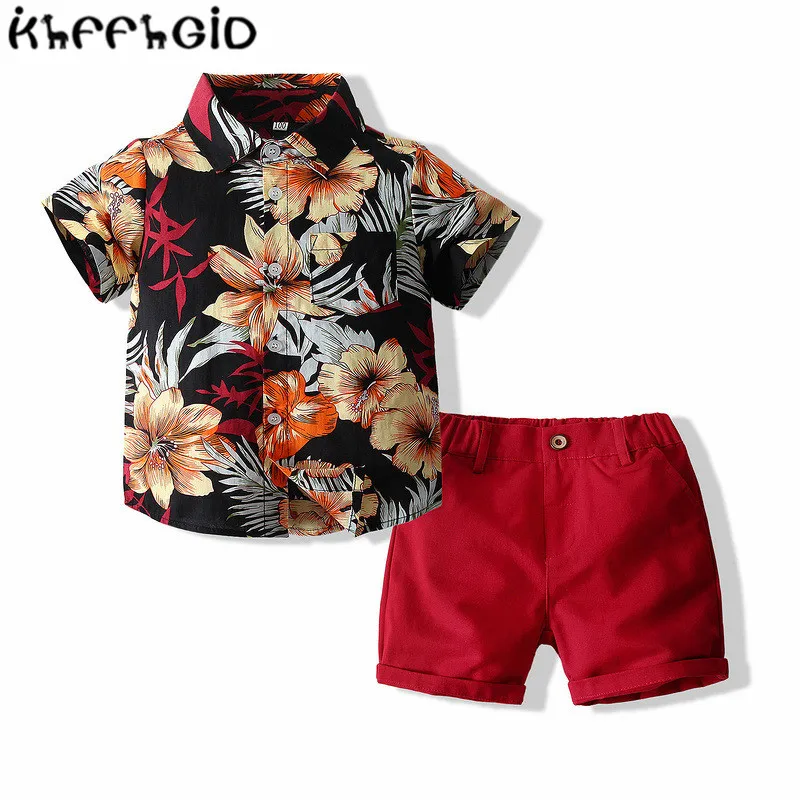 

Lapel shirt children's summer short sleeve cotton shirt belt shorts boys' Hawaiian Tropical shirt gentleman suit beach wear casu