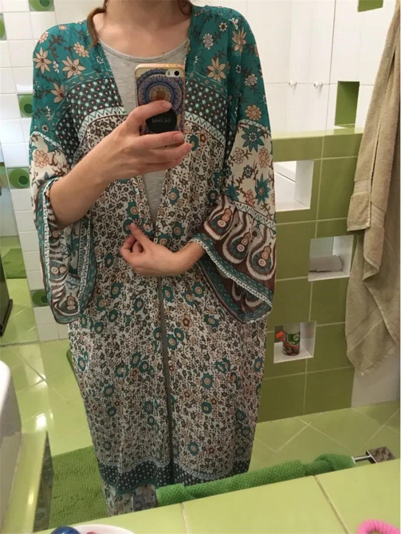 Bohemian Printed Ankle Length Beach Cover Up Plus Size Women Summer Beachwear Chiffon Bathing Suit Coverup Kimono Cardigan N23