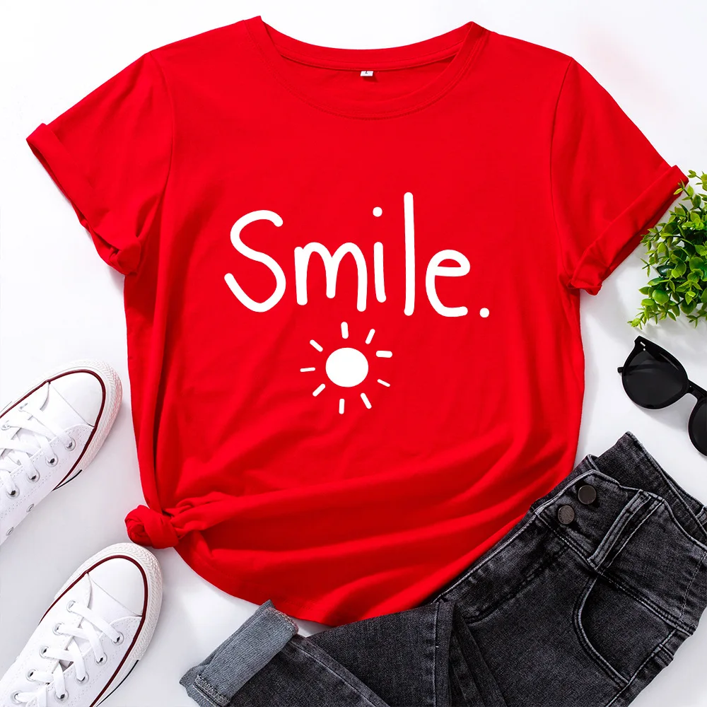 

JFUNCY Plus Size Women Tshirt Short Sleeve Cotton T-shirt Smile Letter Print Graphic Tees Female T Shirt Woman Tops