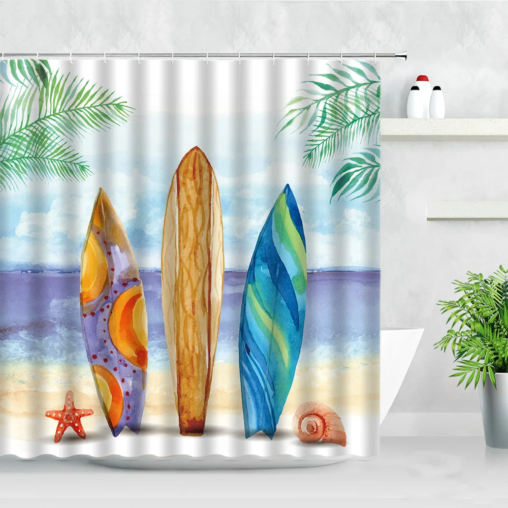 seaside scenery waterproof shower curtains surfboard car ocean wave tropical plant printed cloth bath decor bathroom curtain set free global shipping