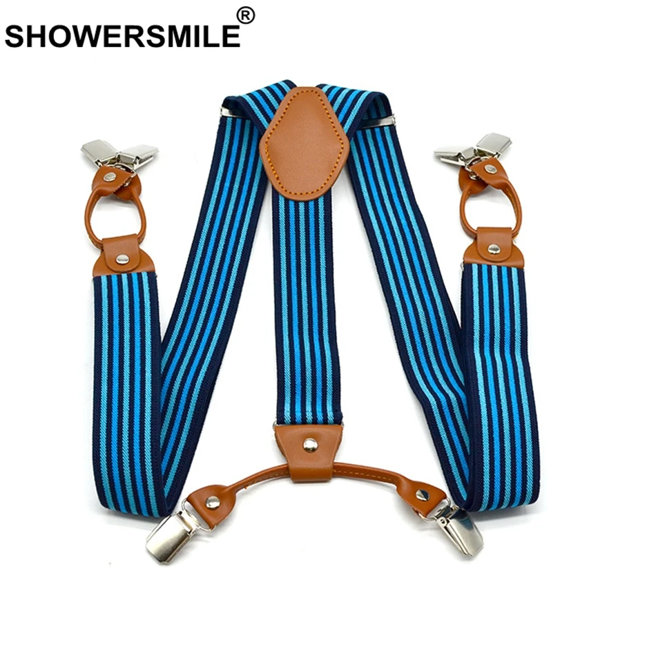 SHOWERSMILE мужские подтяжки для брюк полосатые темно синего цвета 6 зажимов модные