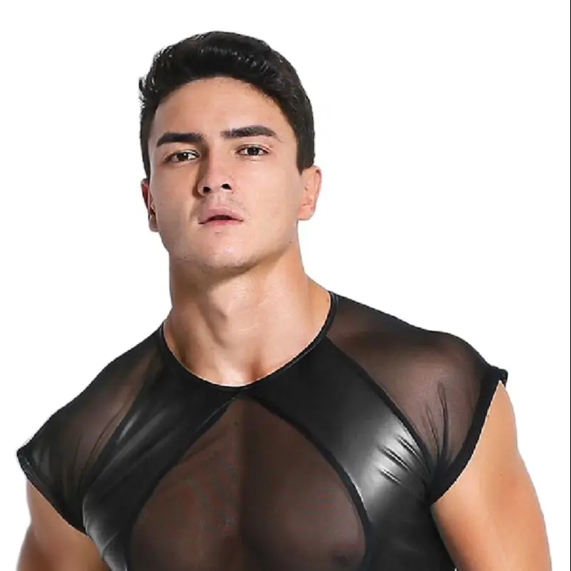 Stylish Men PU Faux Leather Breathability Mesh Tank Tops Clubwear Gay Couple Enhancing Fetish Sexy Lingerie Punk Shiny Vest Wear | Мужская