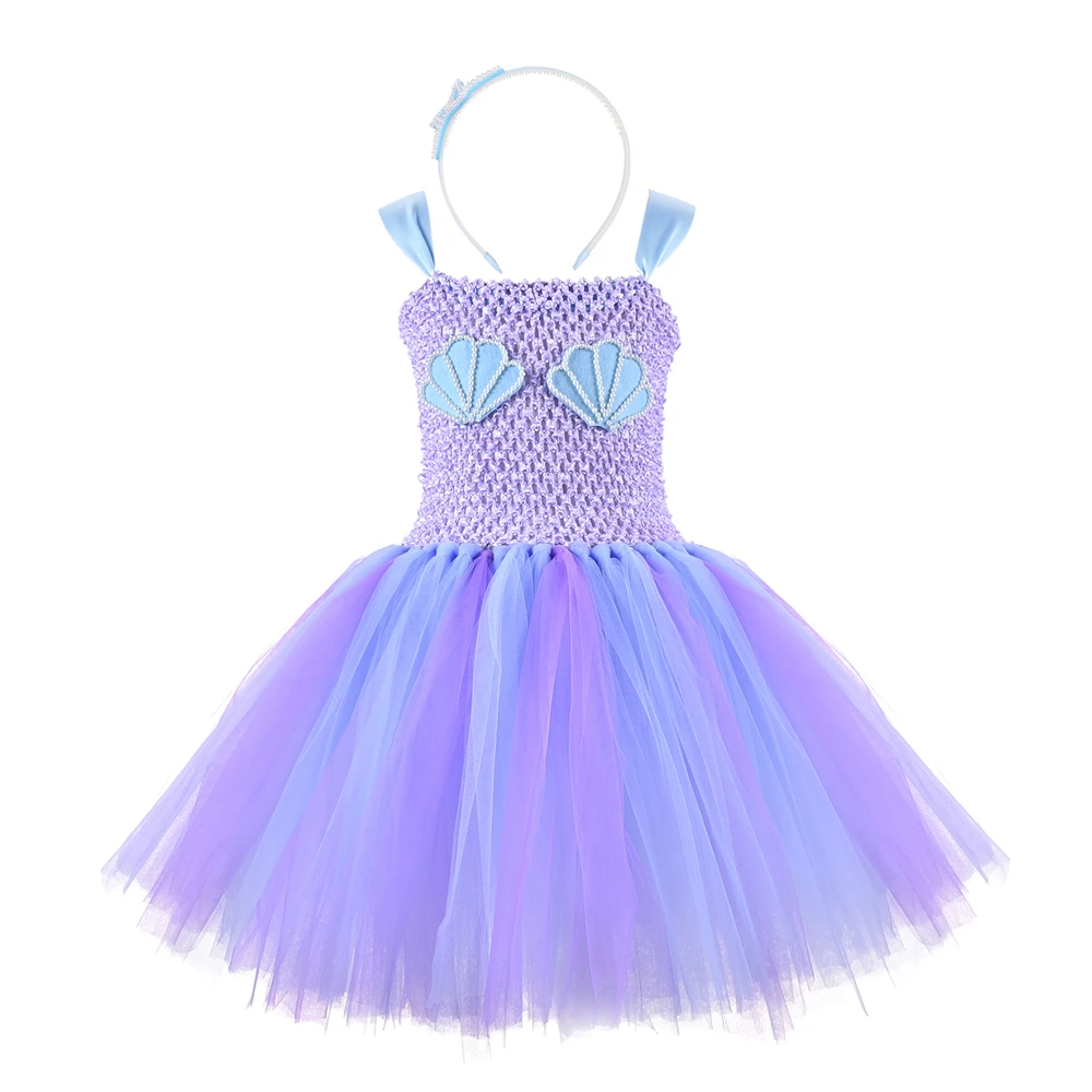 Mermaid Princess Tutu Dress with Headband Blue Purple Under The Sea Shell Tulle Girl Birthday Party Kids Halloween Costume | Детская