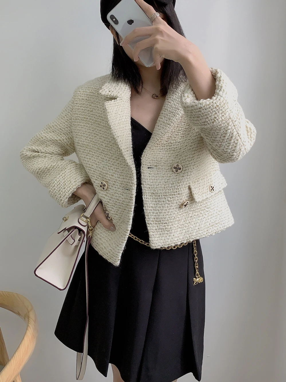 

Женская двубортная твидовая куртка, повседневная верхняя одежда, осень 2021