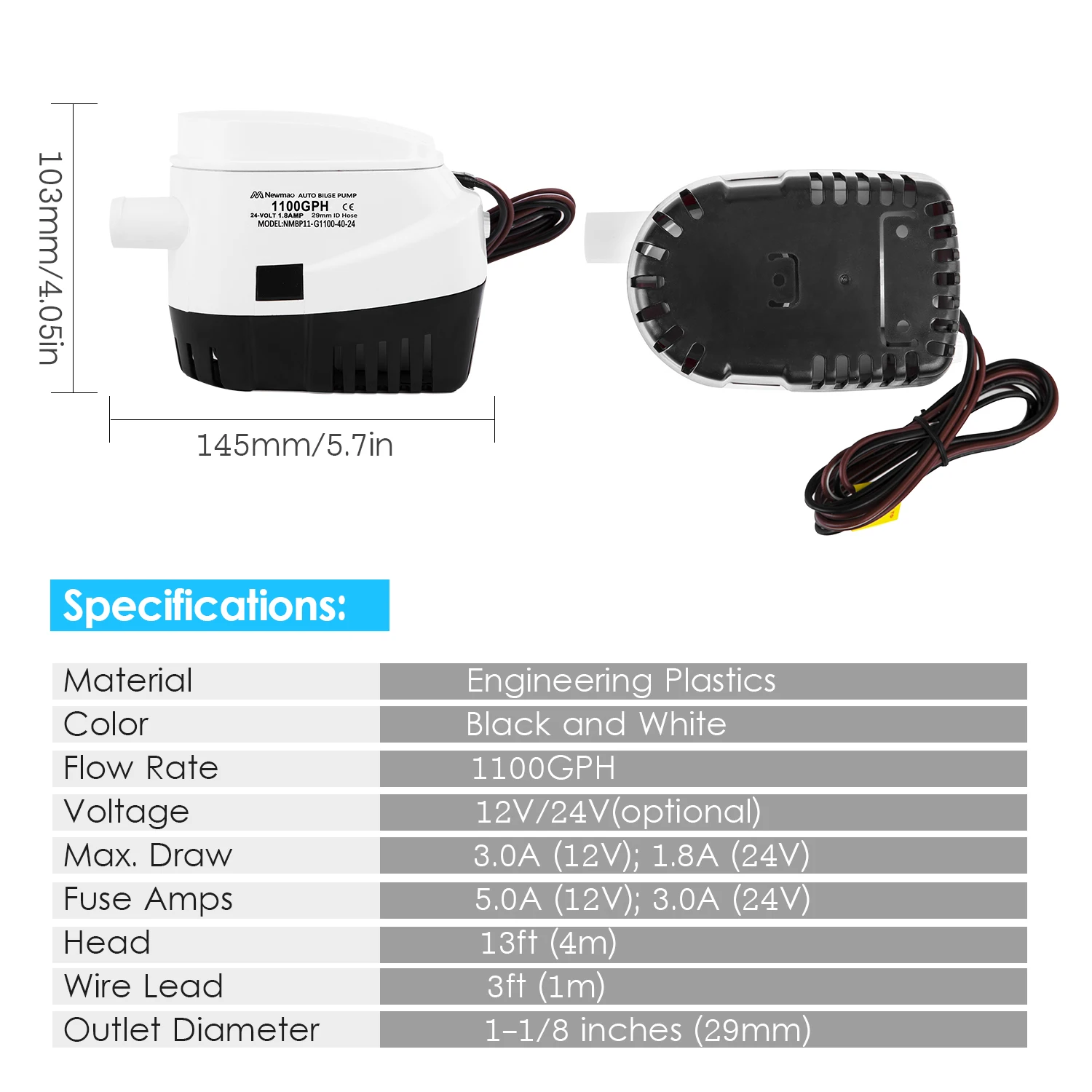 

1100 GPH Automatic Bilge Pump 24V DC Submersible Water Pump RV Boat Marine Pump with 1-1/8 Inches Outlet (29mm)