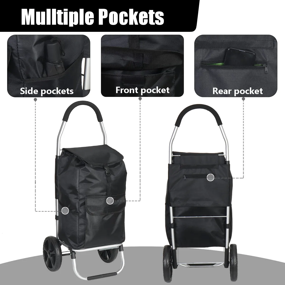 

45KG Load Foldable Shopping Trolley Bag Dolly Tote Cart Carts Basket Storage Luggage Rain Proof Thickened Oxford Cloth w/ Wheel