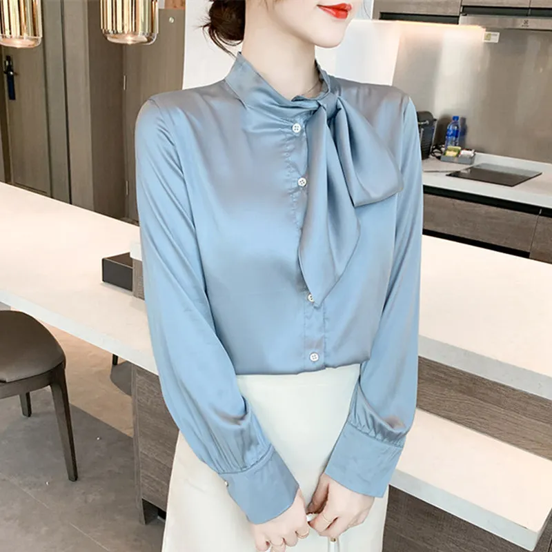 

Korean Silk Women Blouse Woman Satin Blouse Tops Woman Bow Tie Blouses Women Long Sleeve Shirt Top Plus Size Ladies Silk Shirts