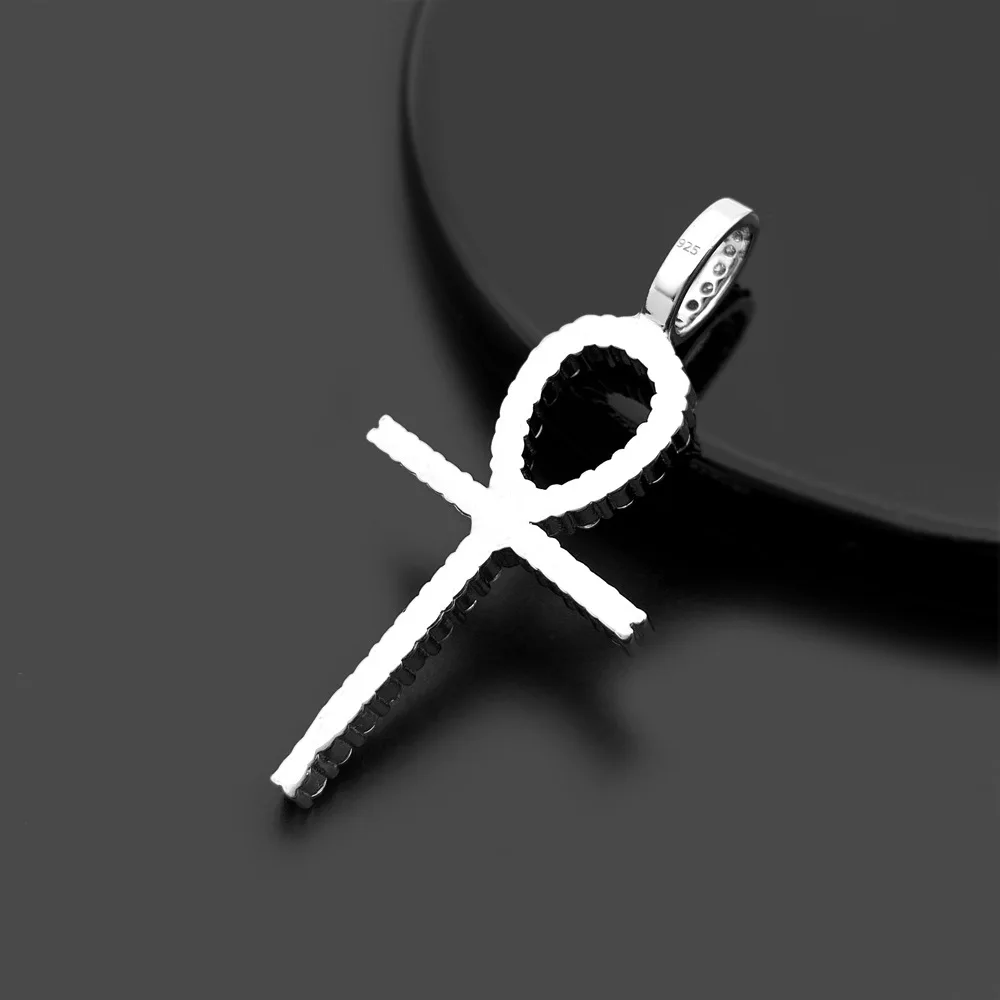 Moissanite S925 Silver Long Ankh Cross Pendants Necklace Real Diamond Iced Out Necklaces For Men Women Jewelry Pass Tester