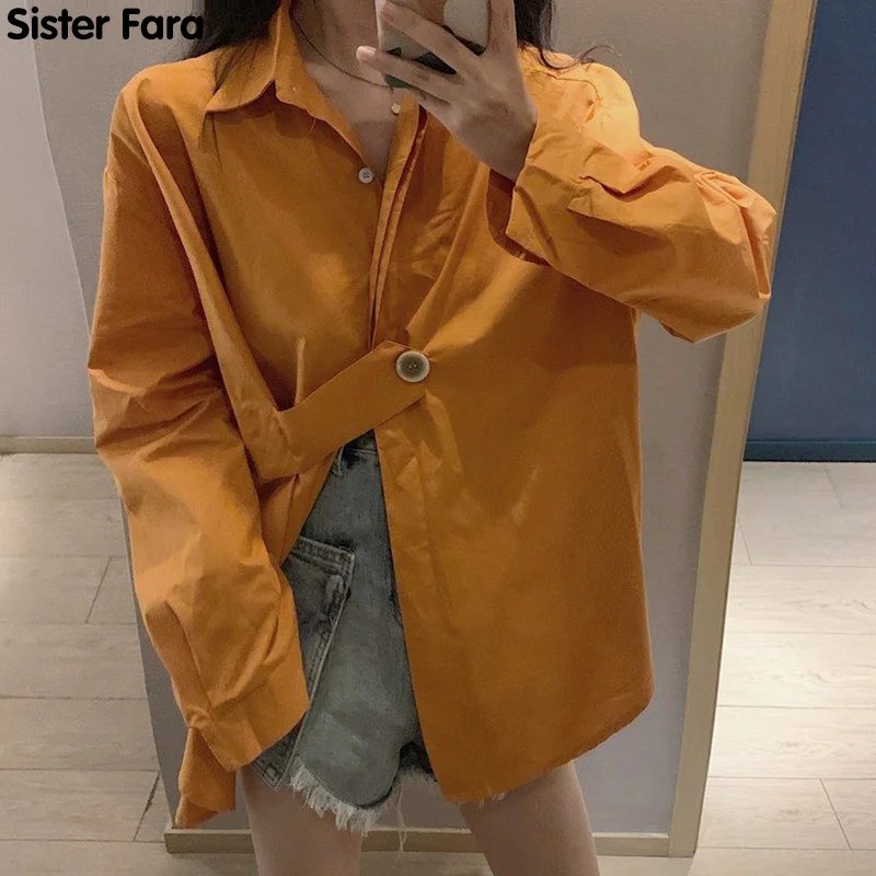 

Sister Fara Spring Oblique Button Women's Shirt Turn-down Collar Asymmetrical Blouses Autumn Long Sleeve Loose Blouses Ladies