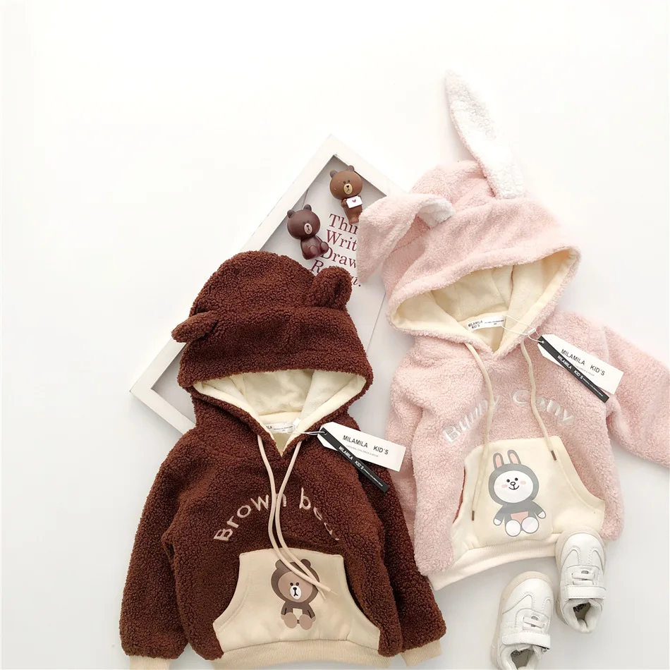 Tonytaobaby/Новинка; зимняя детская одежда для мальчиков и девочек; флисовая толстовка с капюшоном с изображением медведя и кролика