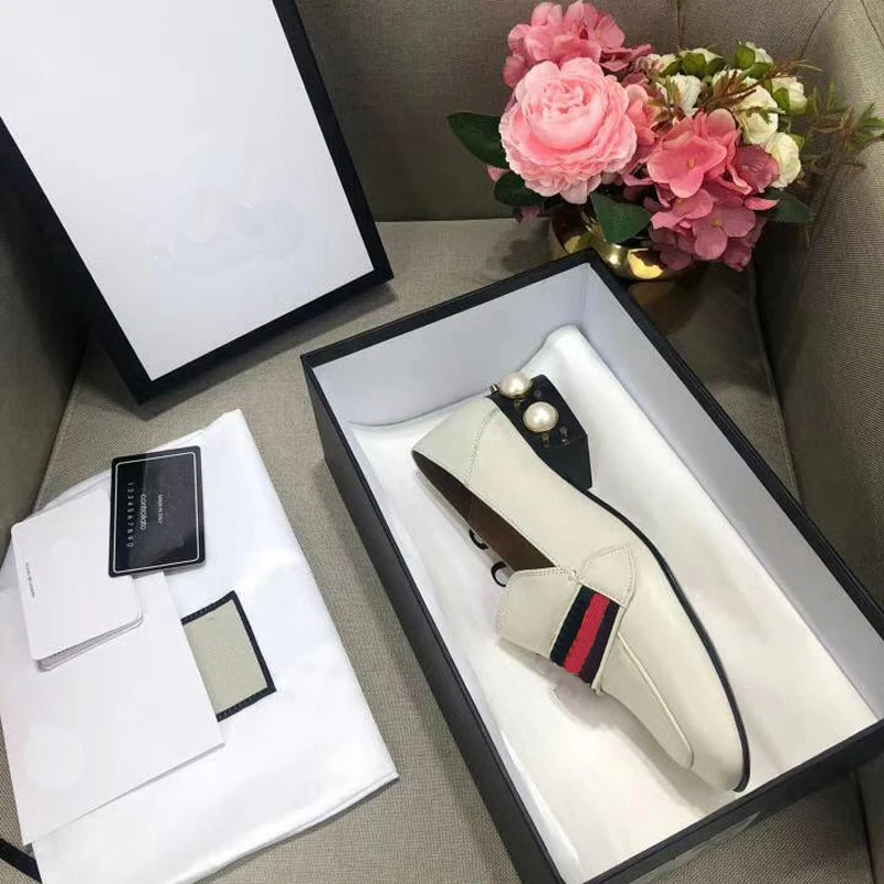 

With Logo Spring/Autumn Fashion Genuine Leather Pearl Heel Women's Shoes Square Toe Thick Heel Loafers Two Wear Step On