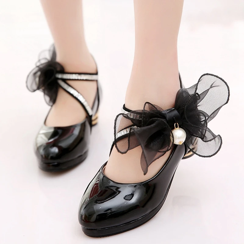 

Girls Bow Dress Sweet Dance Shoes Shallow Mouth High Heel Flower Pearl Girl Party Wedding Shoes Fashion Kids Shoes Girl Shoes