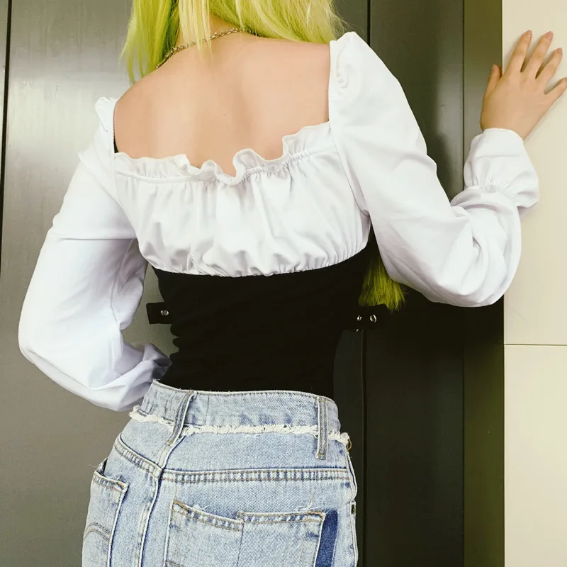 HEYounGIRL лоскутное черно-белое боди с расклешенными длинными рукавами винтажные комбинезоны обтягивающие повседневные Элегантные женские осенние зимние