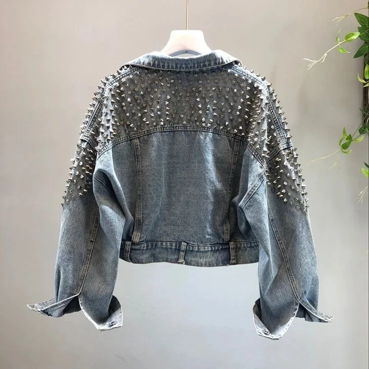 

Women's Denim Jacket 2021 Spring and Autumn New Bat Sleeve Heavy Industry Willow Nail Short Washed Cowboy Jackets Women's Wear