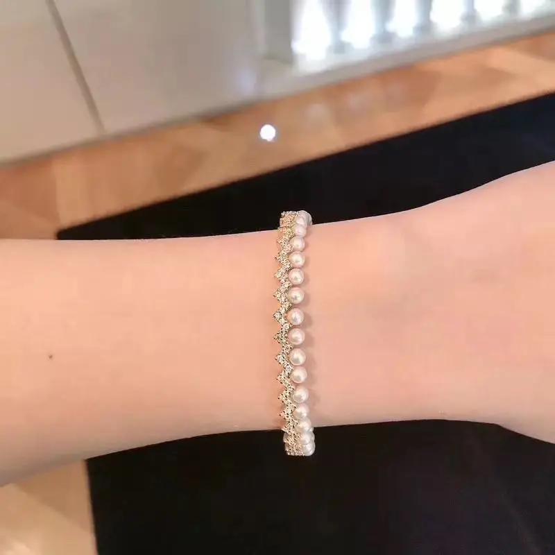 

High Quality 925 Sterling Silver Yellow Gold Color Up and Down Zigzag Bracelet with Pearl Zircon CZ Fine Women Jewelry