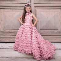 dusty pink big girls tiers a line princess flower girl dresses girls wedding new year party dresses with train