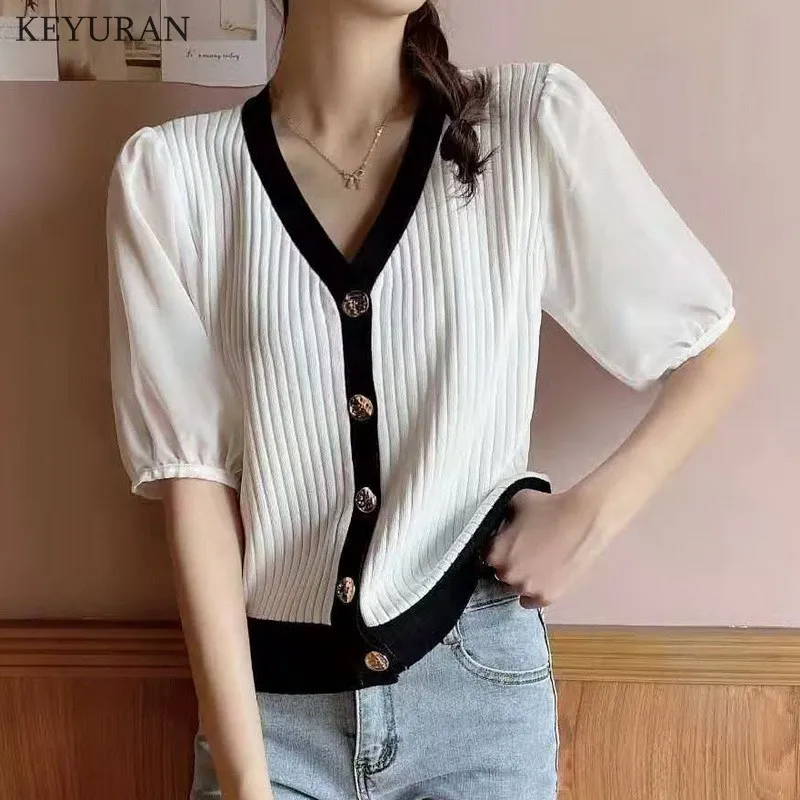 

Женский трикотажный тонкий свитер, шикарный однобортный шифоновый кардиган в стиле пэчворк с V-образным вырезом и короткими рукавами-фонар...