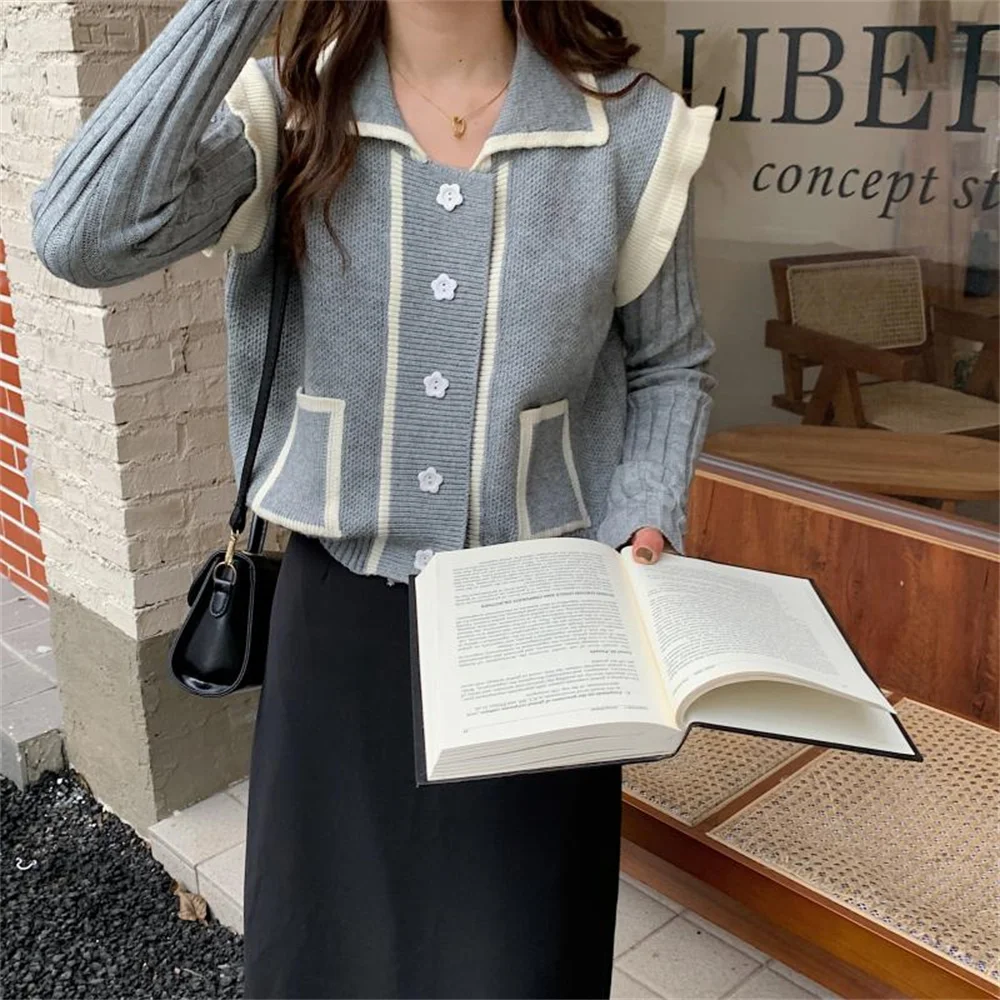 

동대문 Vintage Lazy Style Patchwork Knitted Sweaters 2021 All Match Lady Fashion Women Chic Cardigans Sweet Gentle Coats