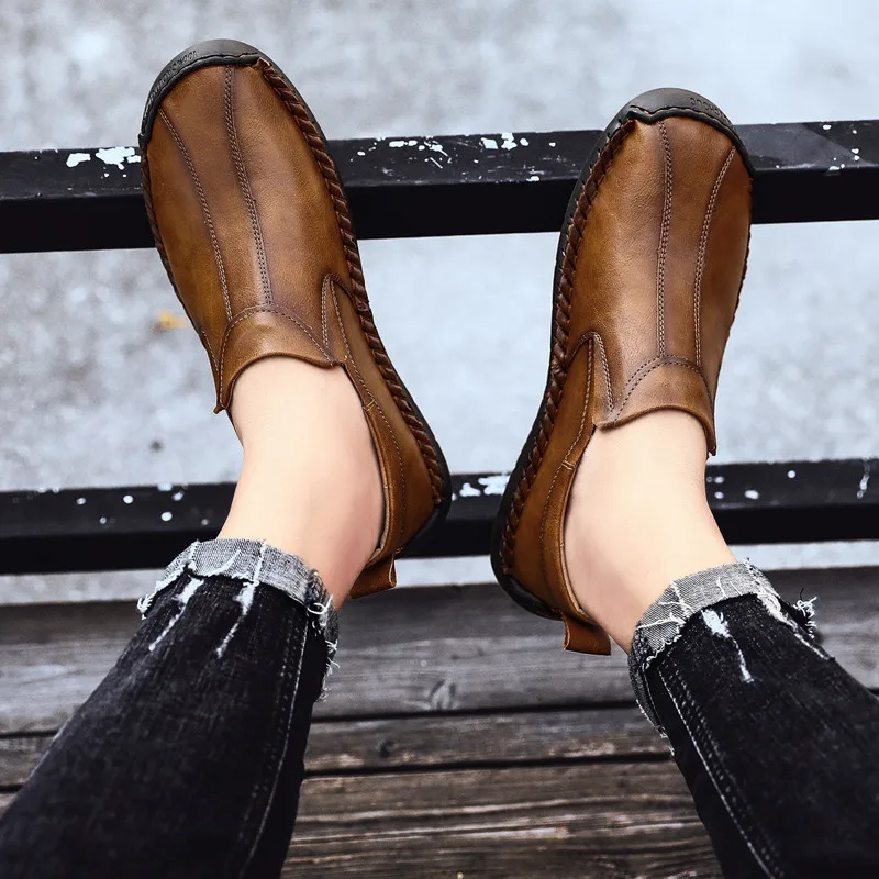 Men Casual Shoes Handmade sewing genuine Leather Loafers Outdoor Men's Quality lace up Flat Moccasins Sneakers | Обувь