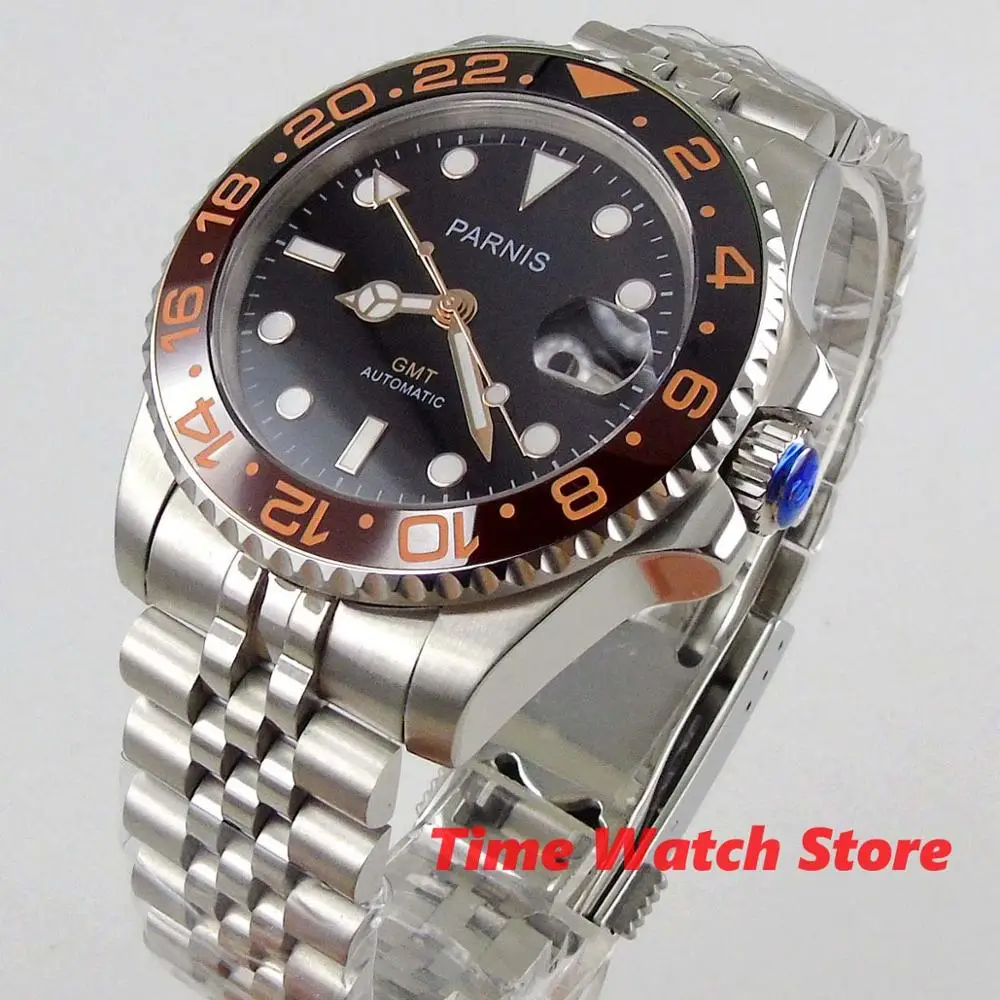 Парнис 40 мм GMT 3804 Автоматические наручные часы для мужчин водонепроницаемые jubiless